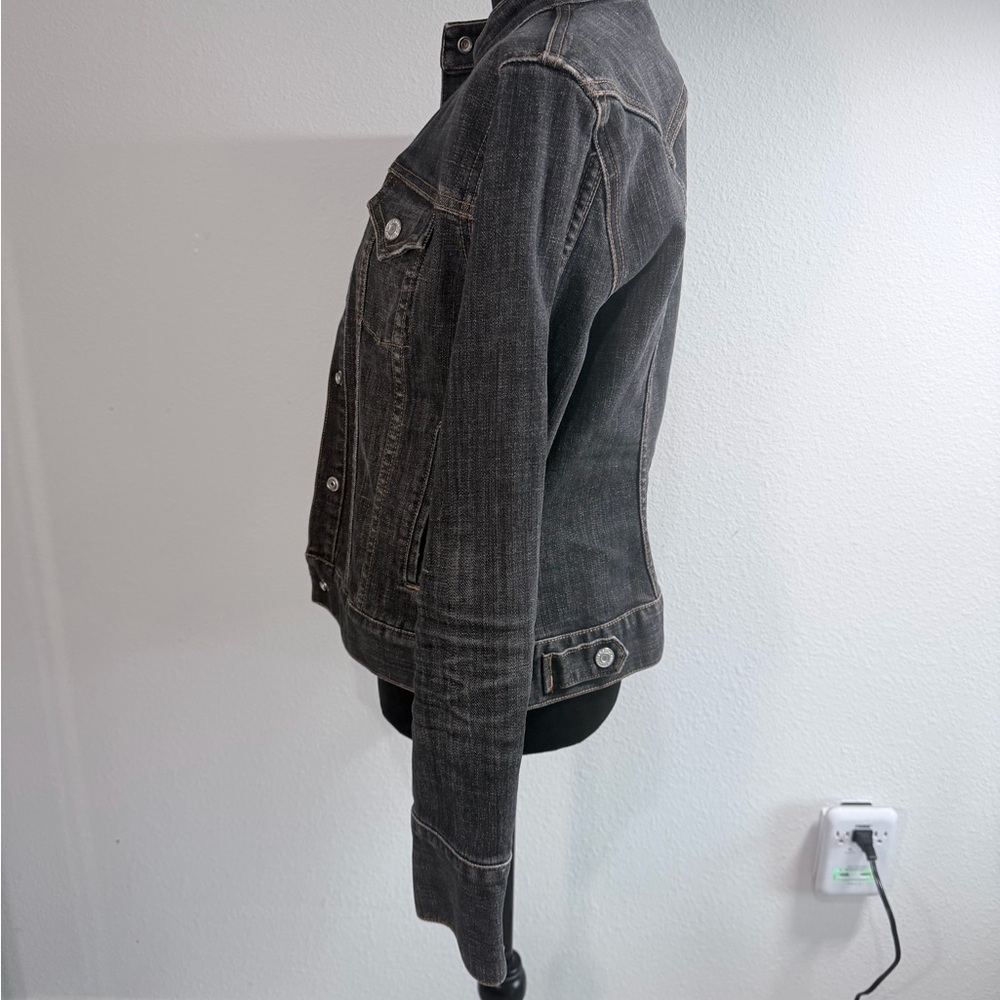 GAP Stretch Denim Jacket Dark Wash Band Collar Trucker Jacket Size M Y2K - Picture 2 of 6